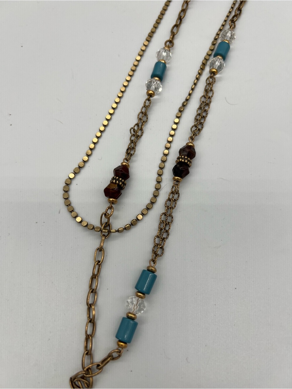 Gold-Tone Layered Necklace with Teal and Brown Beads
